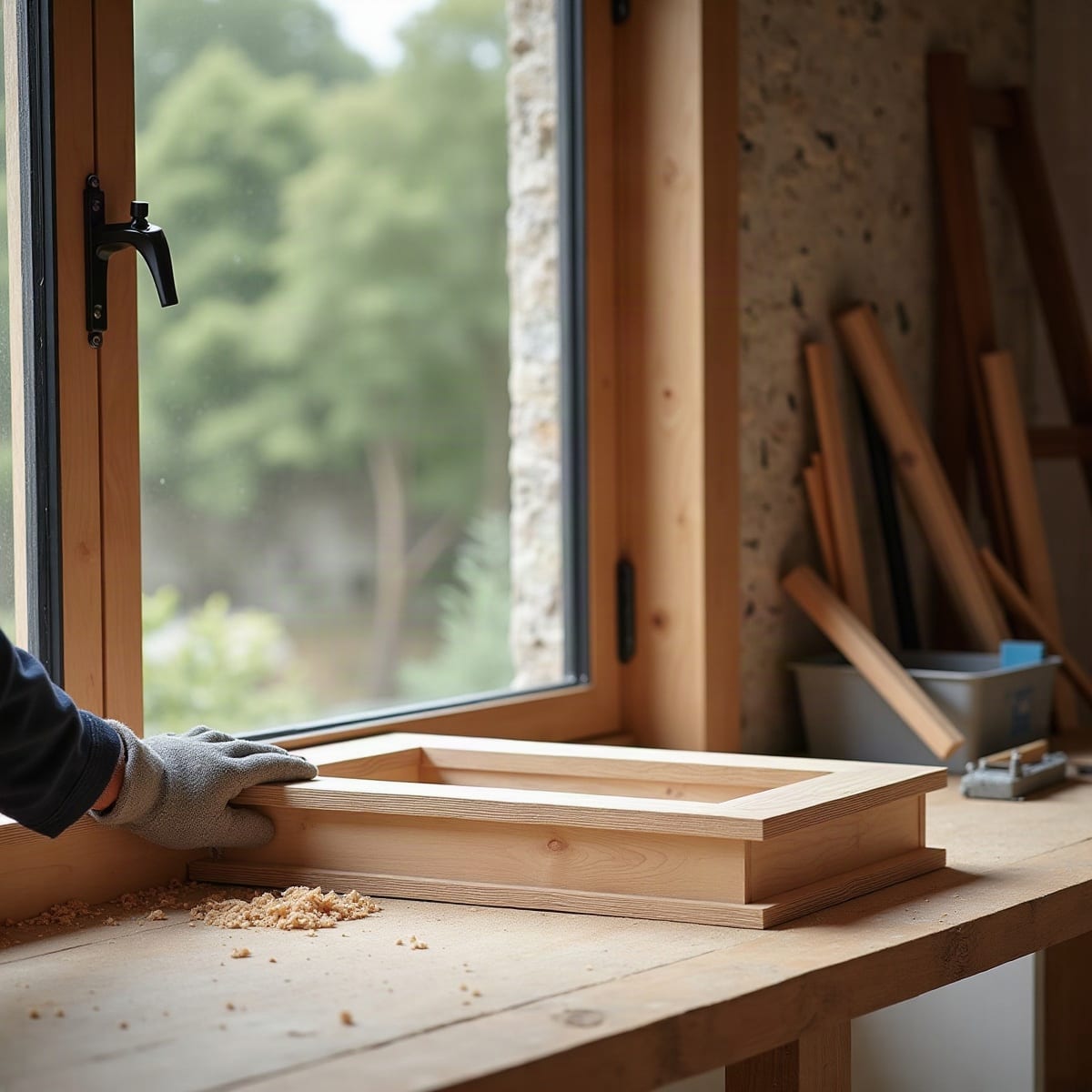 Établi et outils de menuiserie en atelier, pièces de bois en cours d'assemblage
