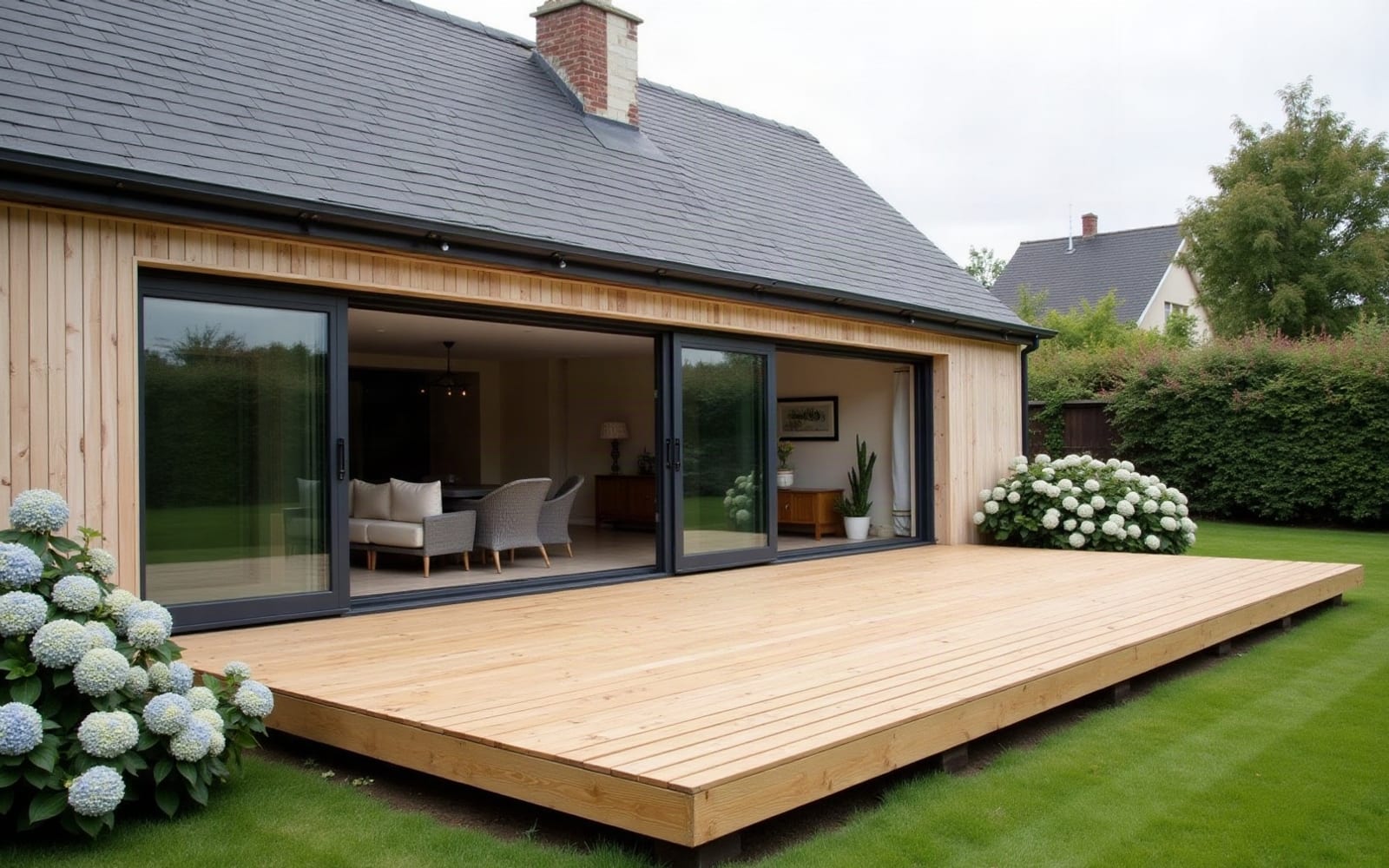 Terrasse en bois posée sur plots avec bardage bois en fond de jardin